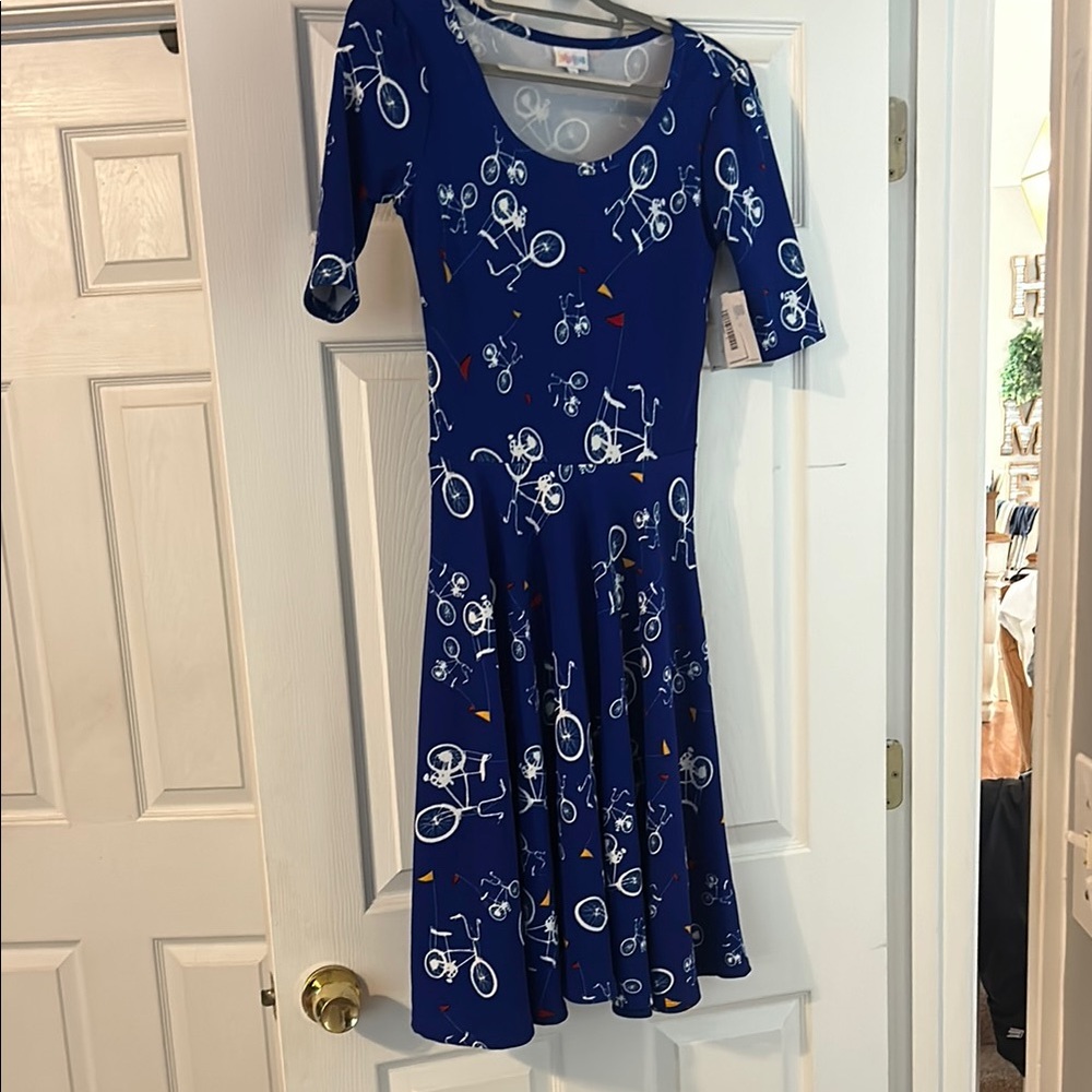 LuLaRoe Blue Fit and Flare Midi Dress with Cuffed 3/4 Sleeves
